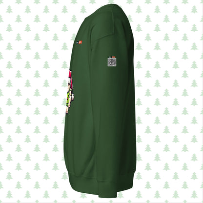Forest green sweatshirt side view with Grinch sheep and QR code.