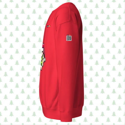 Red sweatshirt side view with Grinch sheep and QR code.