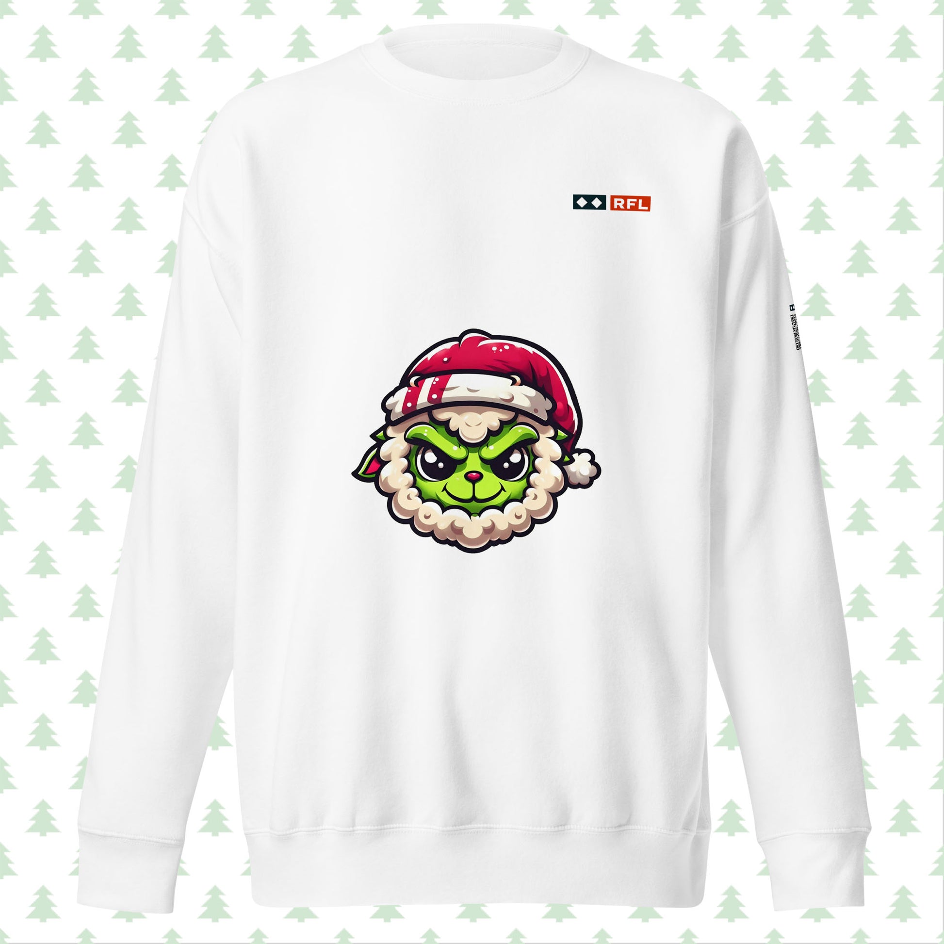 White sweatshirt with Grinch sheep in a Santa hat, front view.