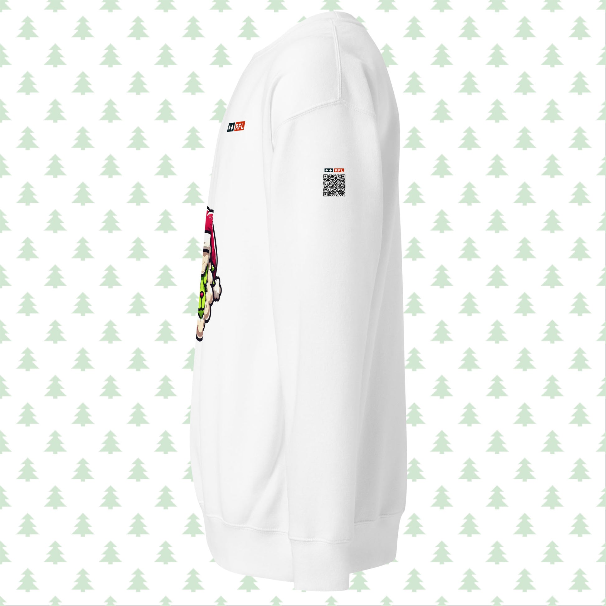 White sweatshirt side view with Grinch sheep and QR code.