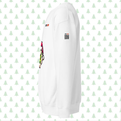 White sweatshirt side view with Grinch sheep and QR code.