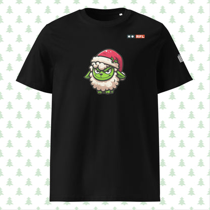 Black t-shirt with green Grinch sheep in a Santa hat, front view.