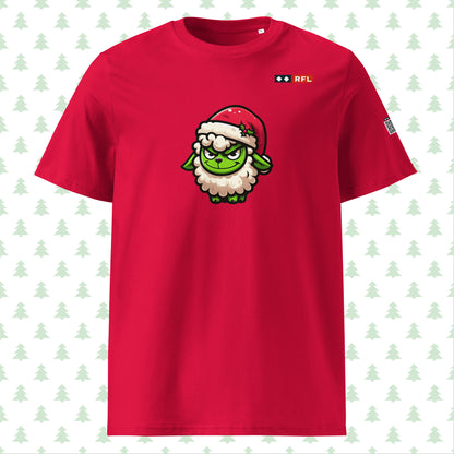 Red t-shirt featuring green Grinch sheep in a Santa hat, front view.