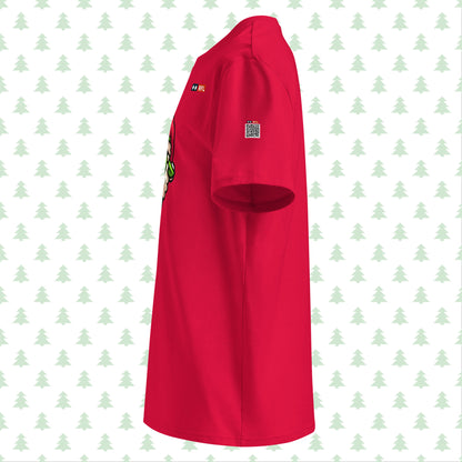 Red t-shirt side view with Grinch sheep and QR code.