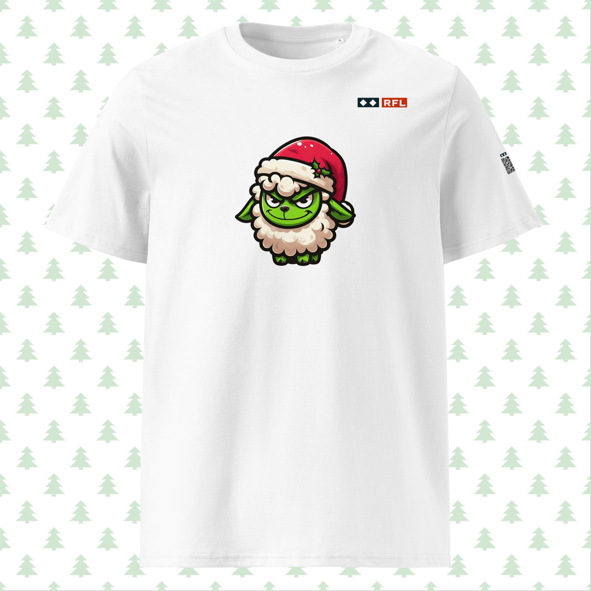 White t-shirt with green Grinch sheep in a Santa hat, front view.