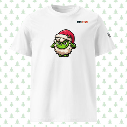 White t-shirt with green Grinch sheep in a Santa hat, front view.