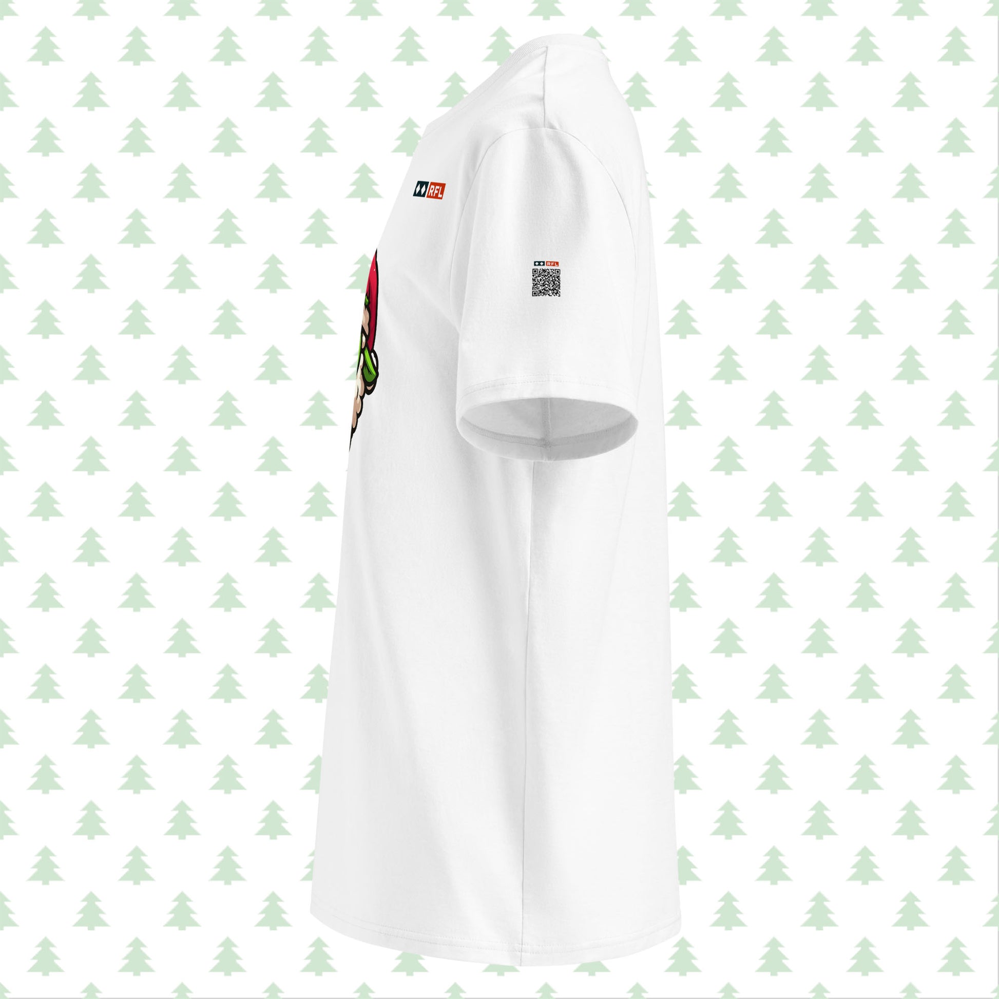 White t-shirt side view with Grinch sheep and QR code.
