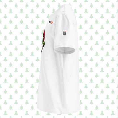 White t-shirt side view with Grinch sheep and QR code.