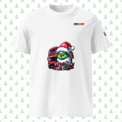 Front view of white Christmas t-shirt with Grinch sheep design by RFL Style
