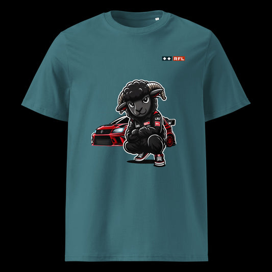 Stargazer t-shirt with a graphic of a black sheep driver crouching in front of a red sports car.