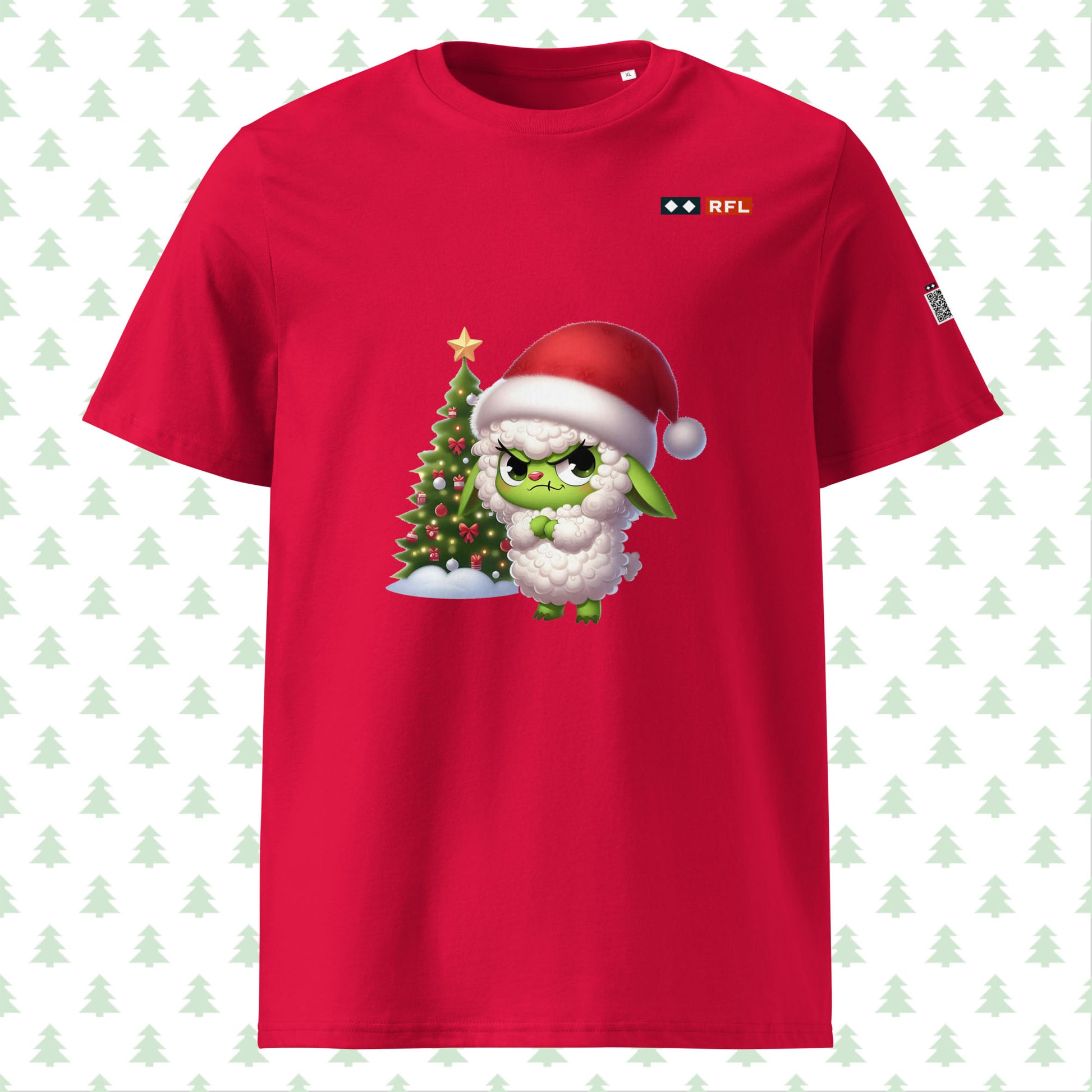 Red Christmas t-shirt with Grinch sheep and Christmas tree design,