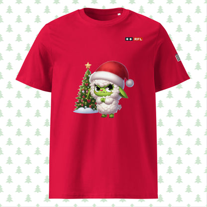 Red Christmas t-shirt with Grinch sheep and Christmas tree design,