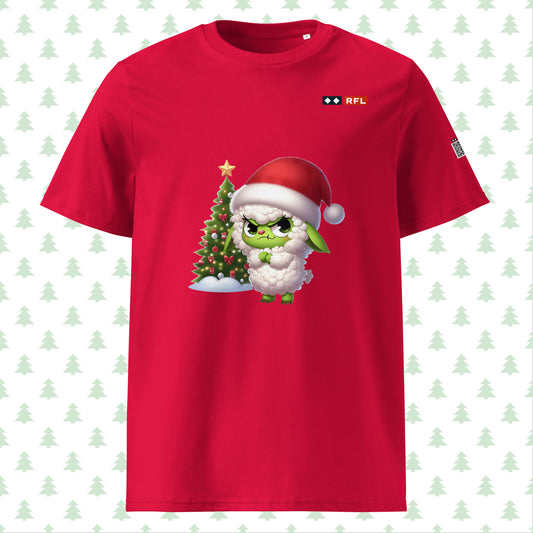 Red Christmas t-shirt with Grinch sheep and Christmas tree design,