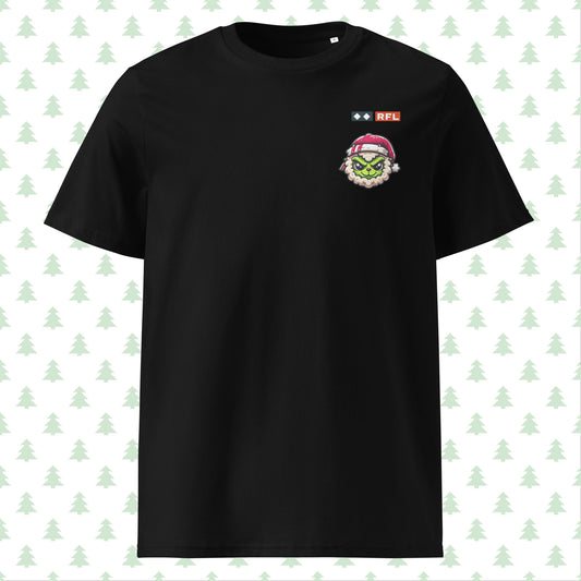 front view of black unisex RFL Christmas Grinch organic cotton t-shirt with Grinch logo and RFL branding.