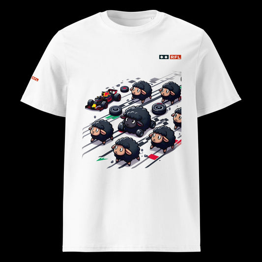 Front view of a white unisex organic cotton T-shirt featuring a design of cute black sheep in a Red Bull F1 pit stop scene.